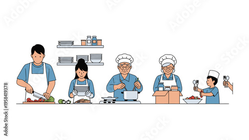 Culinary Symphony: A collaborative kitchen scene unfolds, with individuals of different generations engaged in the art of cooking, symbolizing the joy of sharing meals.