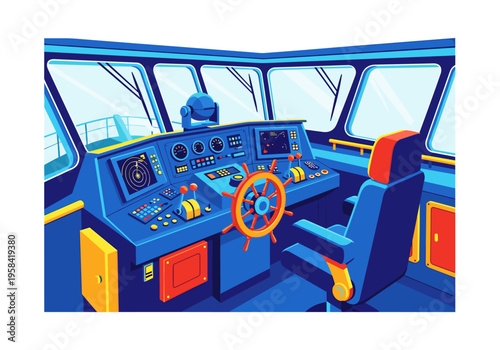 Modern ship bridge with navigation controls and captain's chair