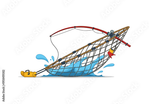 Cartoon fishing net with a small fish caught and water splashing around