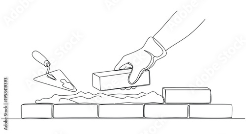 Hand laying brick, single line drawing, construction and building