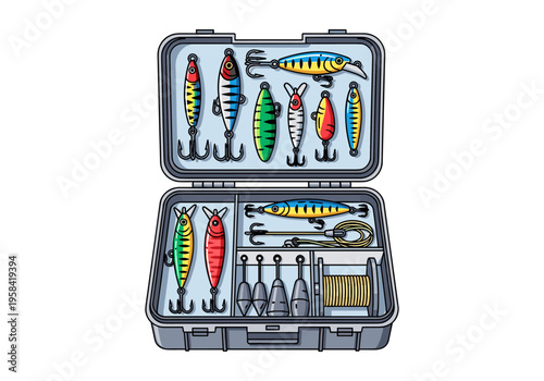 Fishing tackle box filled with lures, weights, and fishing line