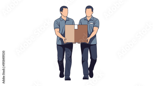 Package Delivery: Two deliverymen, meticulously transporting a package with teamwork, demonstrating seamless coordination and efficiency.