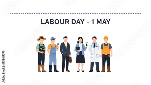 Labor Day Workforce: A diverse group of essential workers stands together, celebrating the contributions of laborers on a day of recognition and respect.