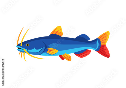 Stylized blue catfish with yellow barbels and fins on a white background
