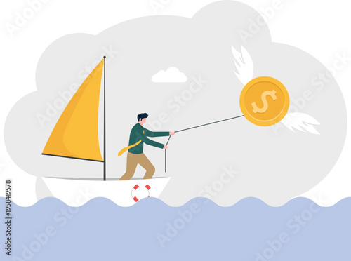 Businessman on a sailboat using a rope to pull a flying gold coin with wings