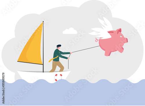 Professional man on a sailboat pulling a flying piggy bank with wings over the ocean