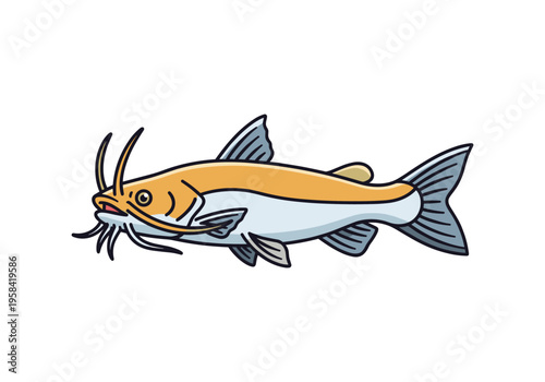 Cartoon catfish with prominent barbels and fins, isolated on white background