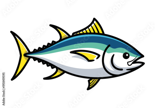 Stylized illustration of a vibrant yellowfin tuna swimming in clear blue ocean waters