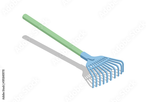 Modern garden rake with green handle and blue tines casting a shadow
