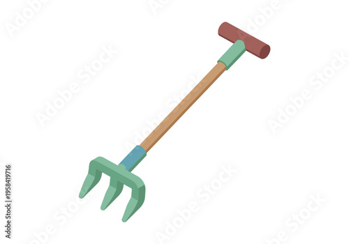 Simple isometric garden rake with wooden handle and teal tines