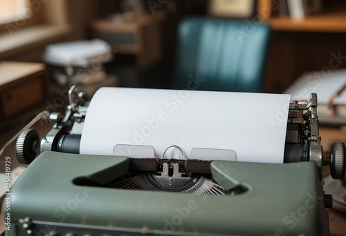 Vintage typewriter with paper sheet, warm morning light, retro workspace mood, shallow depth of field, nostalgic aesthetic photography.