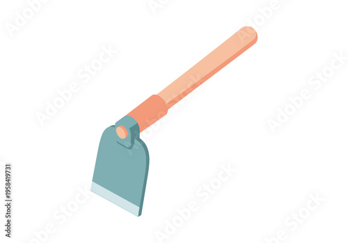 Simple isometric illustration of a garden hoe with a wooden handle
