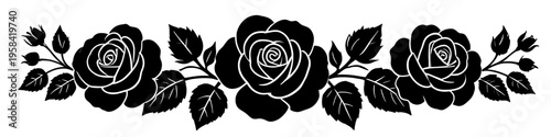 rose flower border silhouette with leaves arranged in decorative pattern representing elegant floral design romantic style and vintage ornament