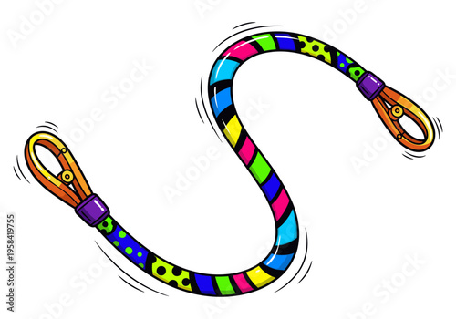 Vibrant, cartoon-style climbing lanyard with colorful patterns and carabiners