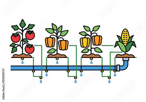 Automated drip irrigation system watering various crops like tomatoes, peppers, and corn