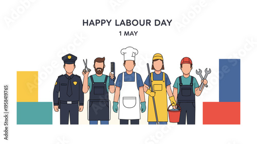 Labour Day Illustration: A vibrant illustration for Labour Day, showcasing a diverse array of workers.