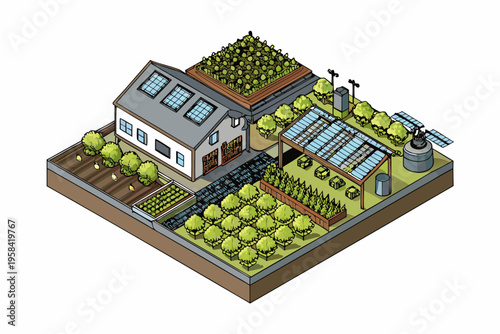 Isometric illustration of a sustainable eco friendly house with a garden