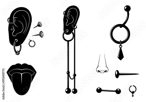 Collection of body piercing jewelry and body parts for illustration