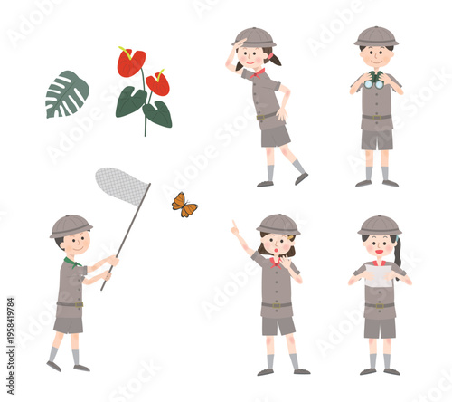 いろいろなポーズをする探検隊の子供たち