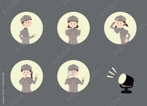 サーチライトに照らされている探偵の格好をした子供たち