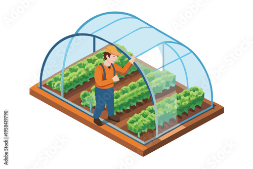 Isometric illustration of a farmer tending to plants inside a greenhouse