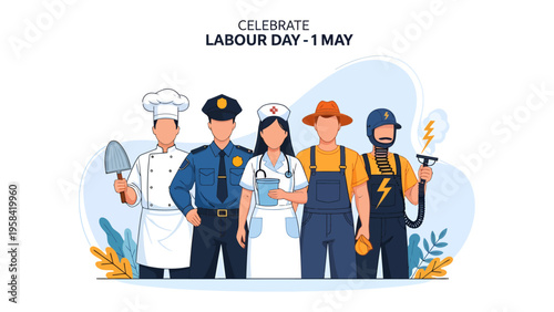 Labor Day Celebration: A diverse group of essential workers stand united in a stylized illustration celebrating their contributions.