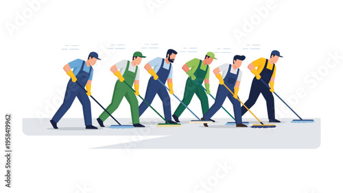 Cleaning Crew: A team of uniformed workers diligently cleaning a surface, showcasing precision and teamwork to maintain hygiene and order.