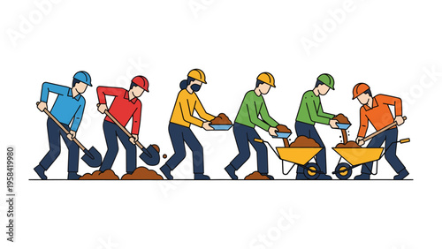 Team of Builders at Work: A team of construction workers is diligently working together, each playing a crucial role in a coordinated effort to progress a building project.