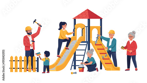 Community Playground Build: People of all ages collaborate joyfully on constructing a colorful playground, fostering a sense of unity and shared purpose in a vibrant outdoor setting.