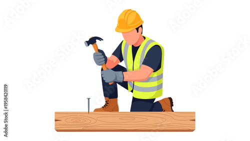 Carpenter at Work: An illustration featuring a diligent worker hammering a nail into wood plank, wearing safety gear, portraying precision and craftsmanship.