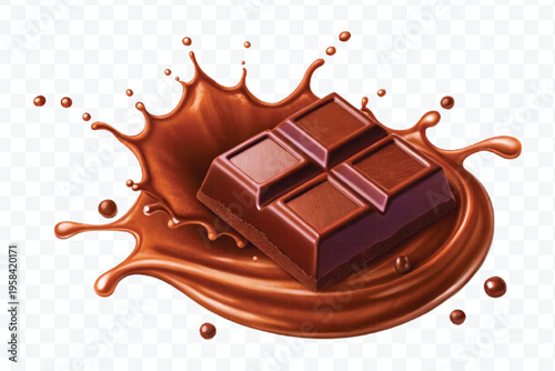 abstract 3d chocolate bar into liquid chocolate splash with bubbles in curve style isolated on transparent background