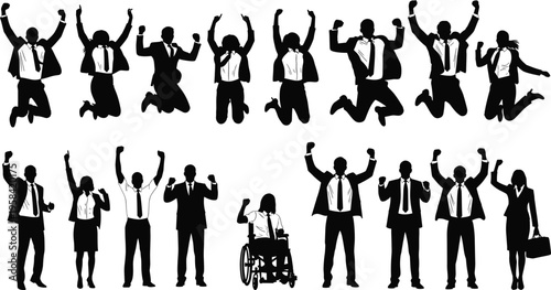 Diverse business people silhouette jumping celebrating success teamwork corporate professionals inclusive group isolated on white background leadership motivation concept illustration