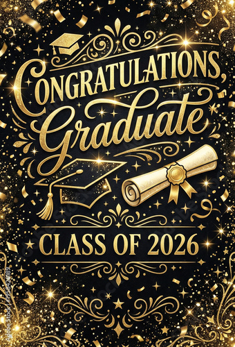 Ornate congratulations graduate greeting card in black and gold with diploma cap tassel confetti for class of 2026 celebration poster and banner design