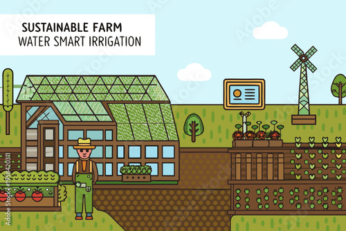 Illustration of a sustainable farm with greenhouse irrigation and farmer
