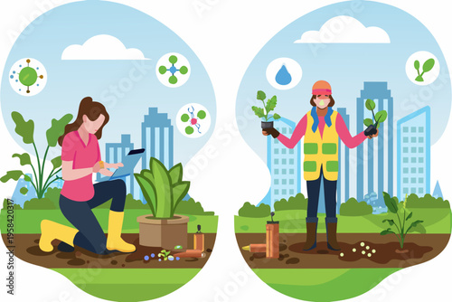 Scientists studying plant growth and environmental factors in a cityscape