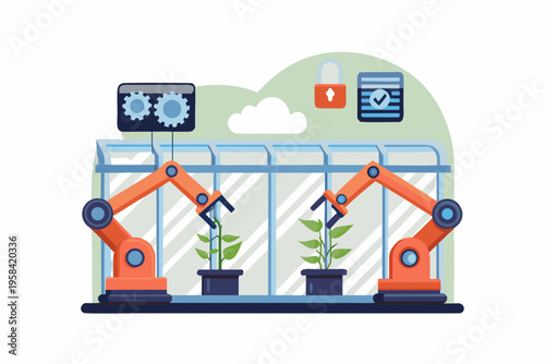 Robotic arms tending to plants in a futuristic greenhouse environment