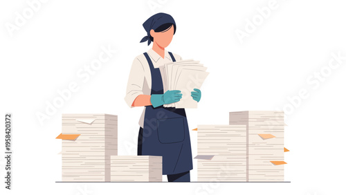 Meticulous Organizer: A focused individual, adorned in a practical apron and gloves, meticulously arranges stacks of documents, highlighting order and administrative precision.