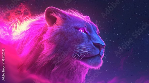 Astral lion ablaze in neon galaxy