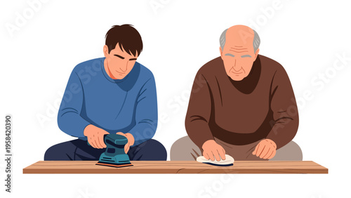 Generations in Craft: A young man learns woodworking from an older mentor, working side-by-side on a wooden plank, the image encapsulates the passing down of experience.