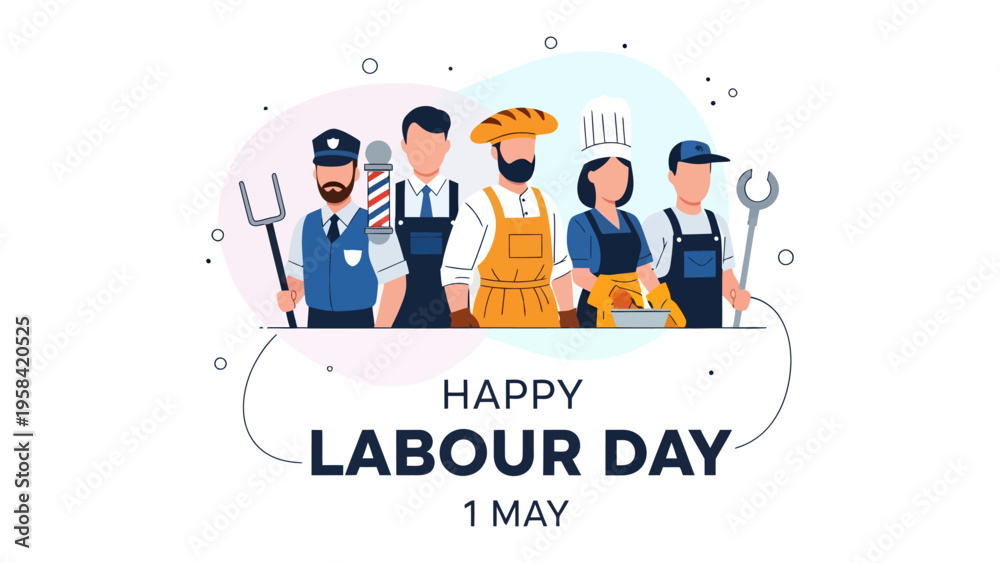 Fototapeta premium Labour Day Celebration: A vibrant and diverse group of workers, representing various trades and professions, stand united in celebration of Labour Day, a tribute to their dedication and contributions.