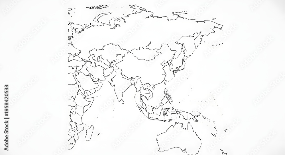 Obraz premium Minimal line drawing map of Asia and Oceania.