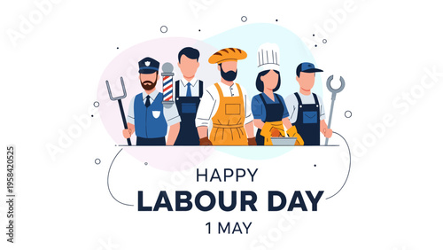 Labour Day Celebration: A vibrant and diverse group of workers, representing various trades and professions, stand united in celebration of Labour Day, a tribute to their dedication and contributions.