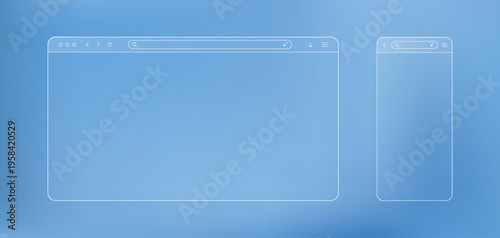 Browser template set in liquid glass style for mobile, laptop and computer. Window screen with navigation arrow, menu icon and search line, vector illustration for desktop and smartphone.