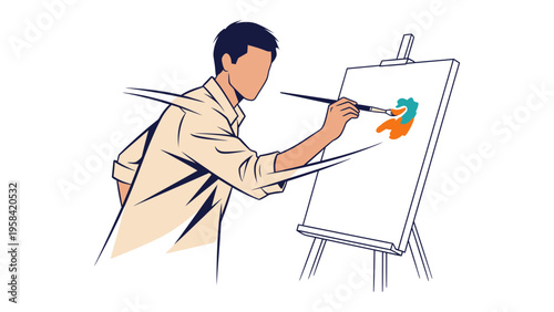 Artistic Creation: A skilled artist passionately paints on a canvas, his brushstrokes bringing vibrant colors to life. Capturing the essence of creativity and the joy of artistic expression.