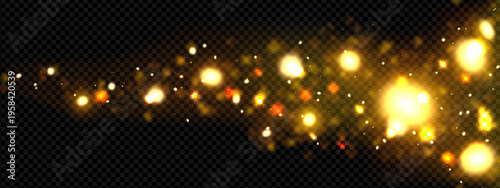Gold light dust with magic sparkle. Firefly background with glow cloud and glitter. Luxury golden dream effect for Christmas overlay. Glam brilliant particle texture with shimmer fog and flare
