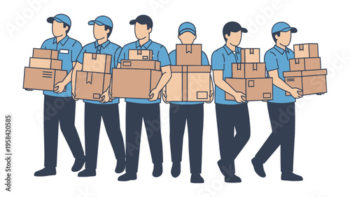 Delivery Team: A group of delivery personnel, each with a stack of packages, walk, showcasing the efficiency and reliability of the delivery service.