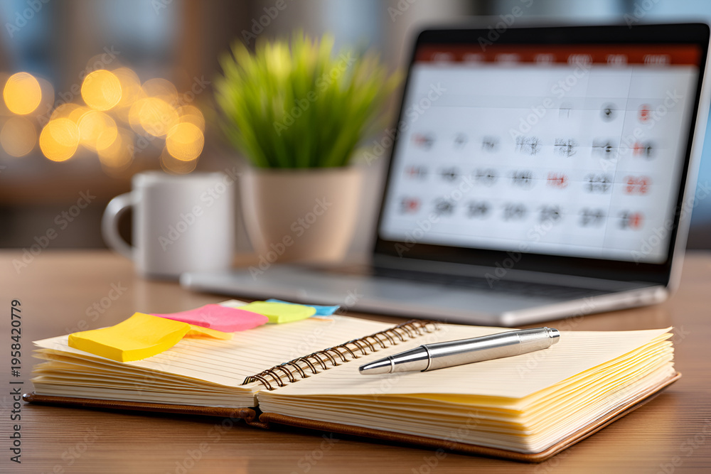 Fototapeta premium Open Notebook with Pen and Sticky Notes on Desk with Laptop Calendar Background