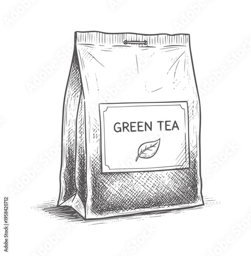 Hand drawn of a green tea bag with leaf emblem package