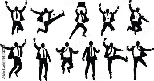 Business men silhouette jumping poses celebrating success achievement corporate professionals energetic movement teamwork leadership isolated on white background concept illustration