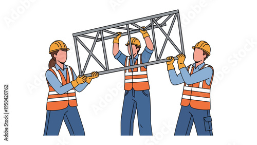Teamwork in Construction: A collaborative group of construction workers diligently carry a large steel framework.